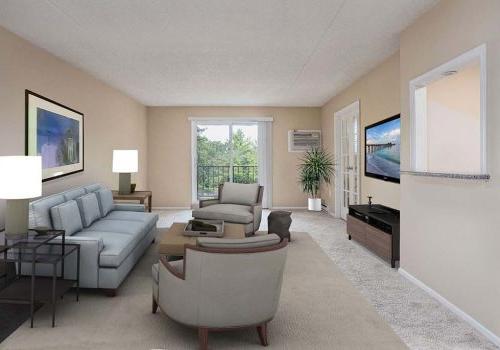 褐色的客厅，阳台，灰色的沙发，米色的椅子，和电视在公园在威斯敏斯特bbin.